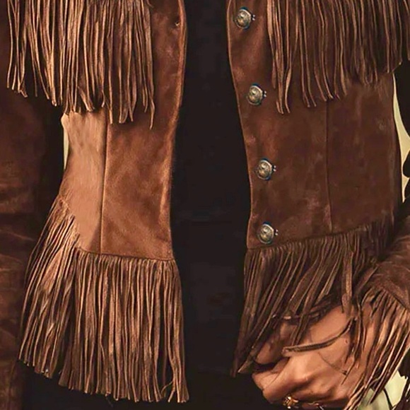 ❤️Hello Fringe!! Western Vegan Brown Suede Fringe Button Up Jacket - Picture 4 of 7